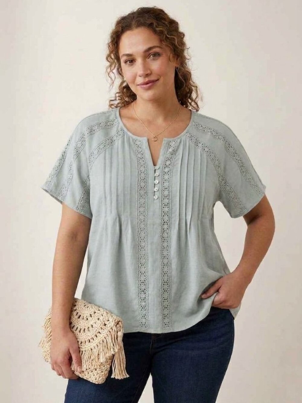 Soft Slate Blue Boho Peasant Blouse Lace Eyelet V-Neck Plus Size 2XL